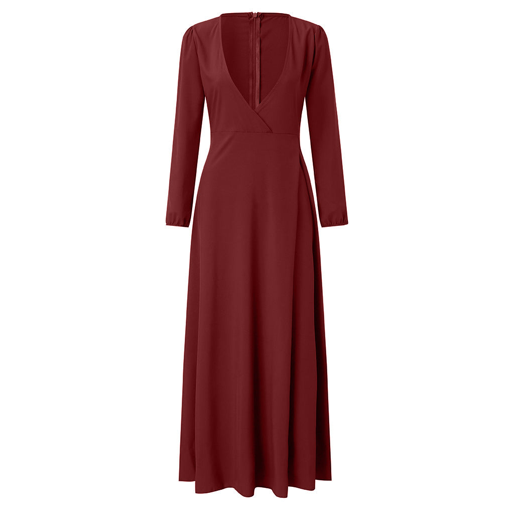 Robe Longue Évasée Col V à Manches Longues – Ceinture à Nouer