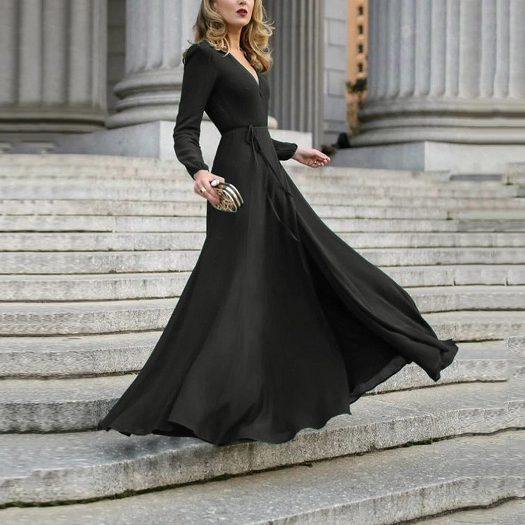 Robe Longue Évasée Col V à Manches Longues – Ceinture à Nouer