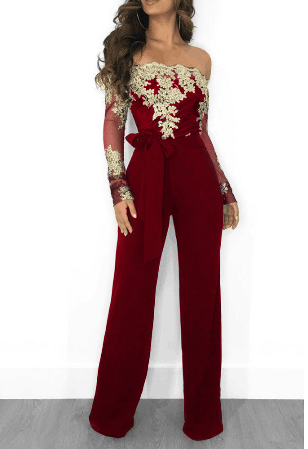 Combinaison Pantalon Large en Dentelle – Col Bateau & Taille Élastique, S à 3XL