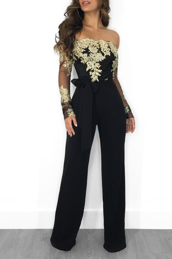 Combinaison Pantalon Large en Dentelle – Col Bateau & Taille Élastique, S à 3XL