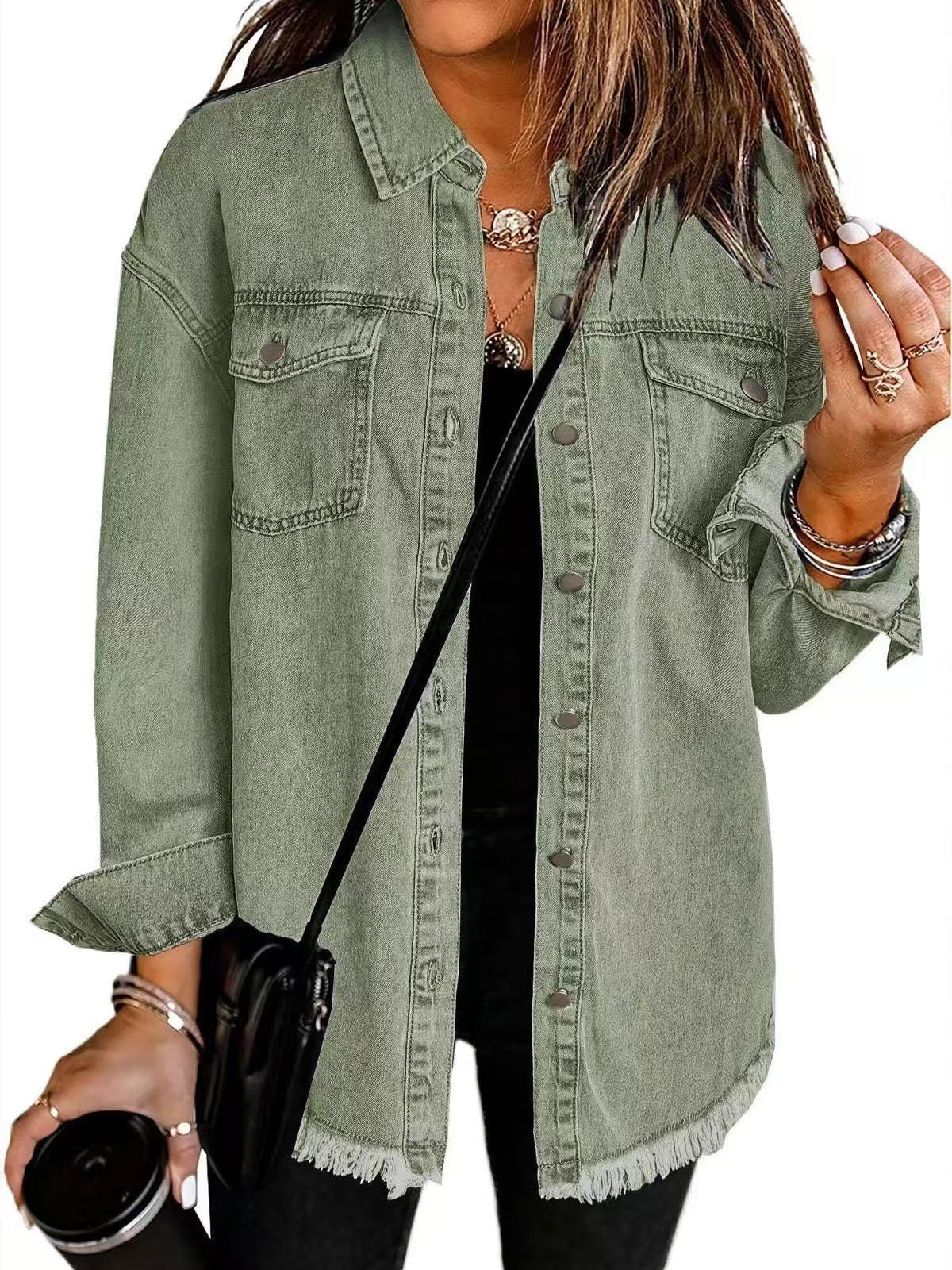 Veste Chemise en Jean Femme – Coupe Ample & Bords Effilochés, 12 Coloris
