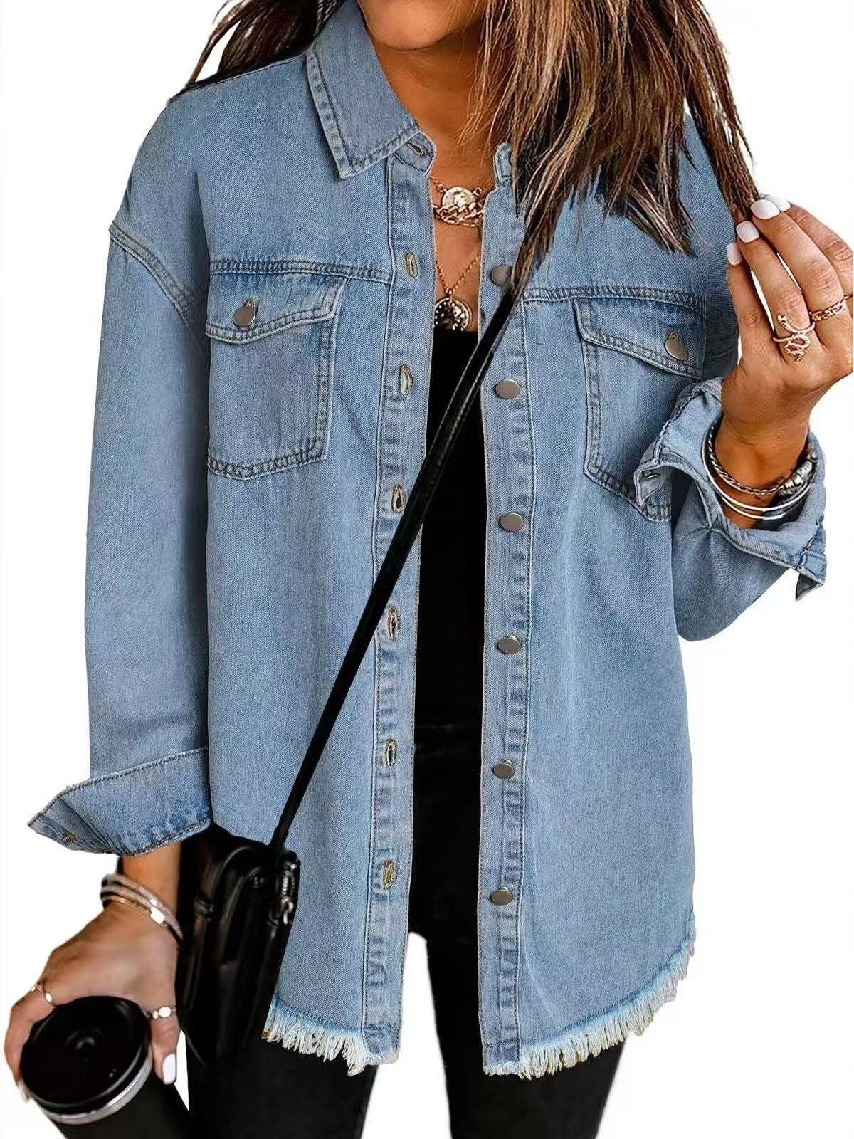 Veste Chemise en Jean Femme – Coupe Ample & Bords Effilochés, 12 Coloris