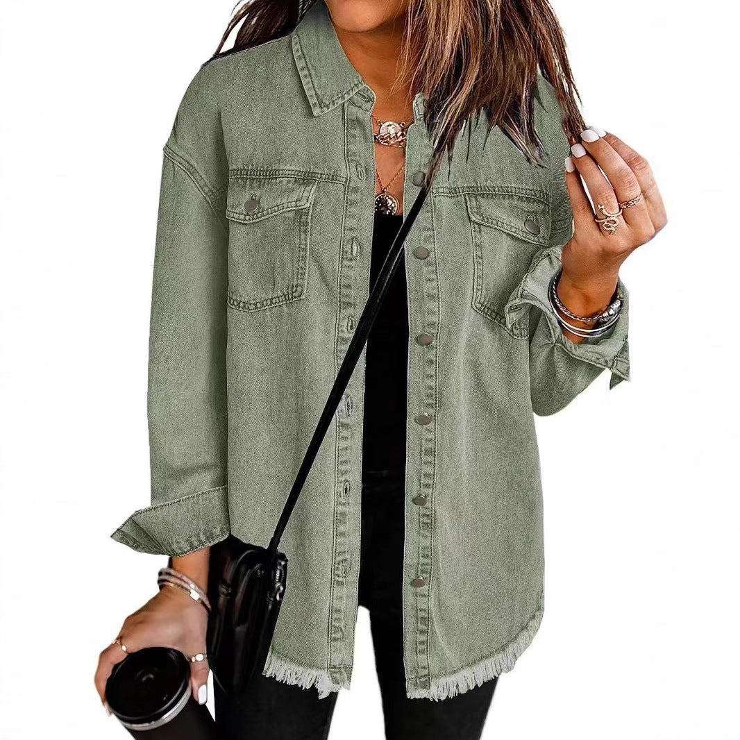 Veste Chemise en Jean Femme – Coupe Ample & Bords Effilochés, 12 Coloris