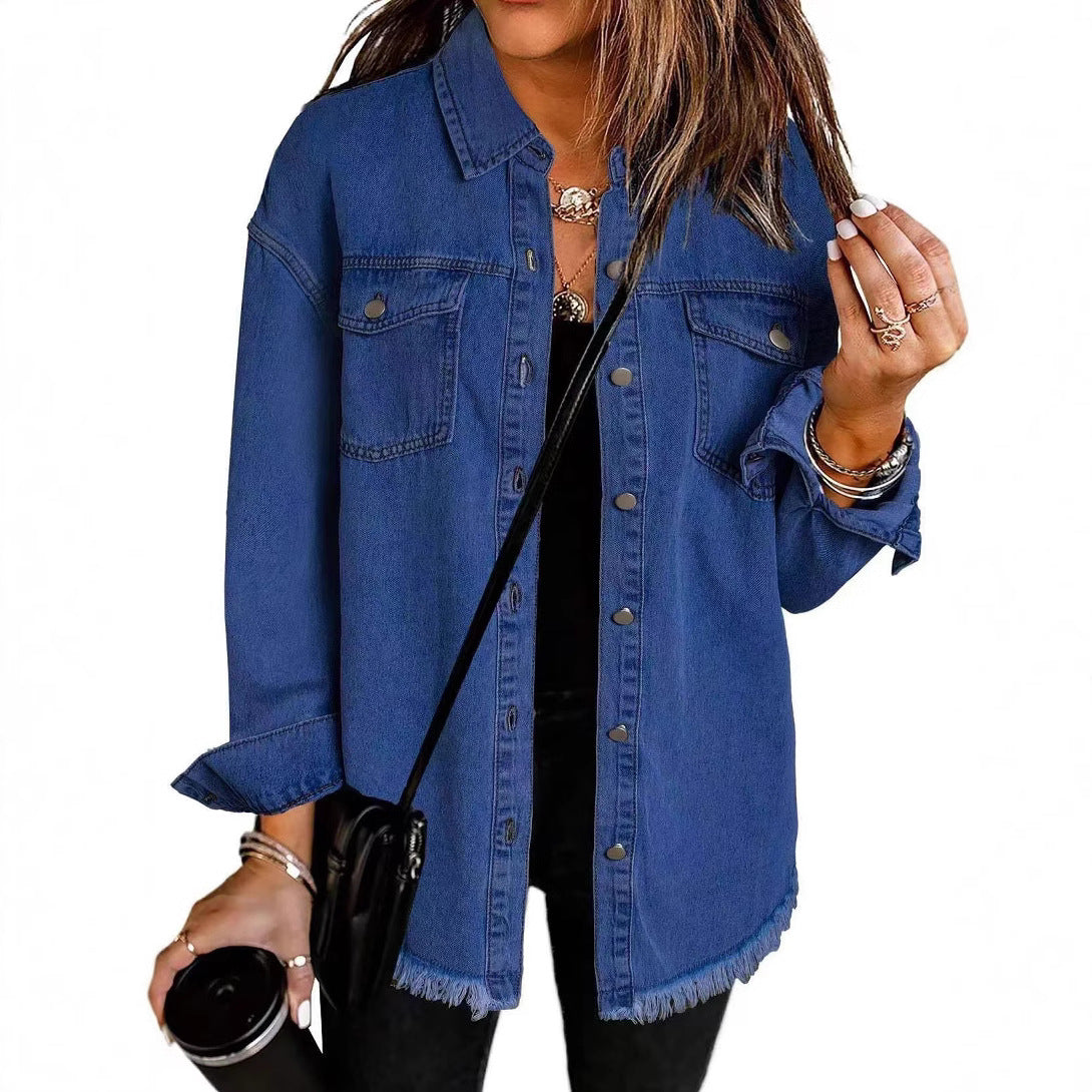 Veste Chemise en Jean Femme – Coupe Ample & Bords Effilochés, 12 Coloris