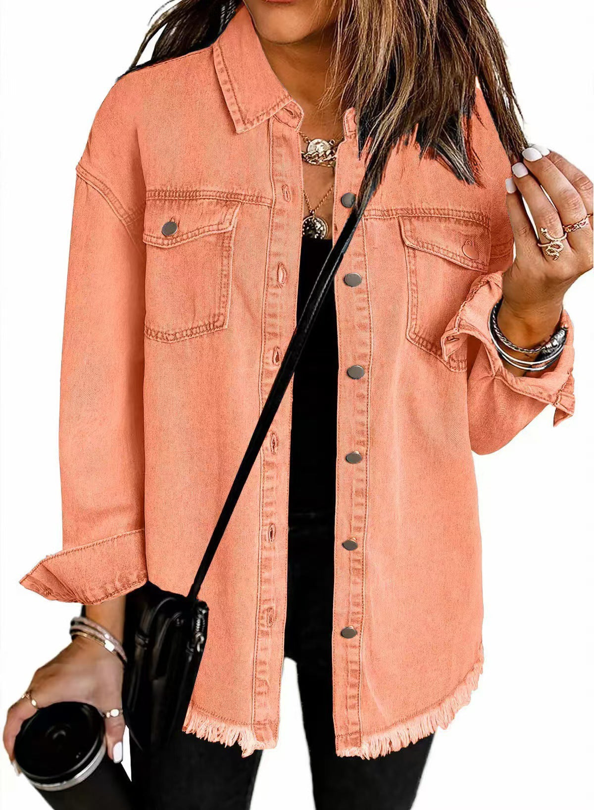 Veste Chemise en Jean Femme – Coupe Ample & Bords Effilochés, 12 Coloris
