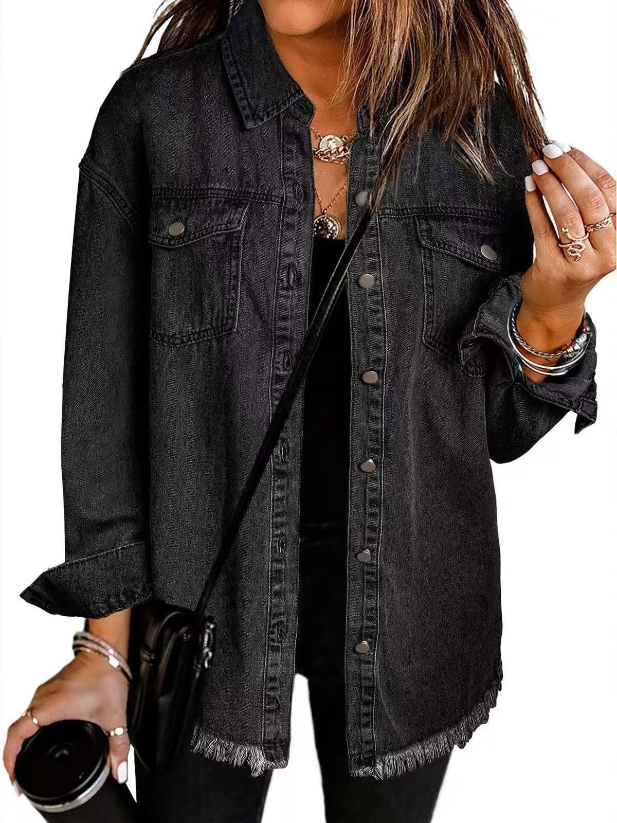 Veste Chemise en Jean Femme – Coupe Ample & Bords Effilochés, 12 Coloris