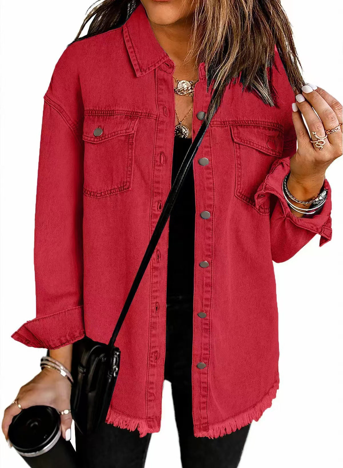 Veste Chemise en Jean Femme – Coupe Ample & Bords Effilochés, 12 Coloris