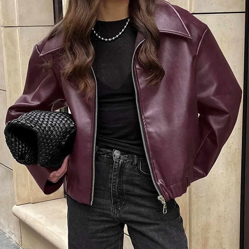Blouson Motard Court en Similicuir Femme – Coupe Ample, Bordeaux ou Marron