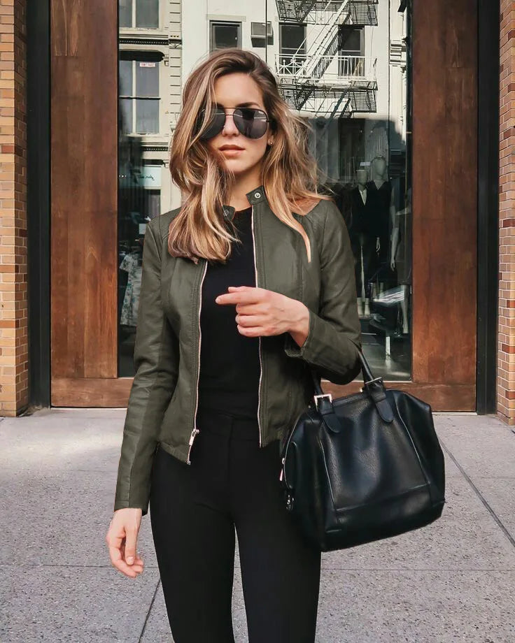 Veste Bomber Vintage en Similicuir Femme – Col Mandarin & Zip, 9 Coloris