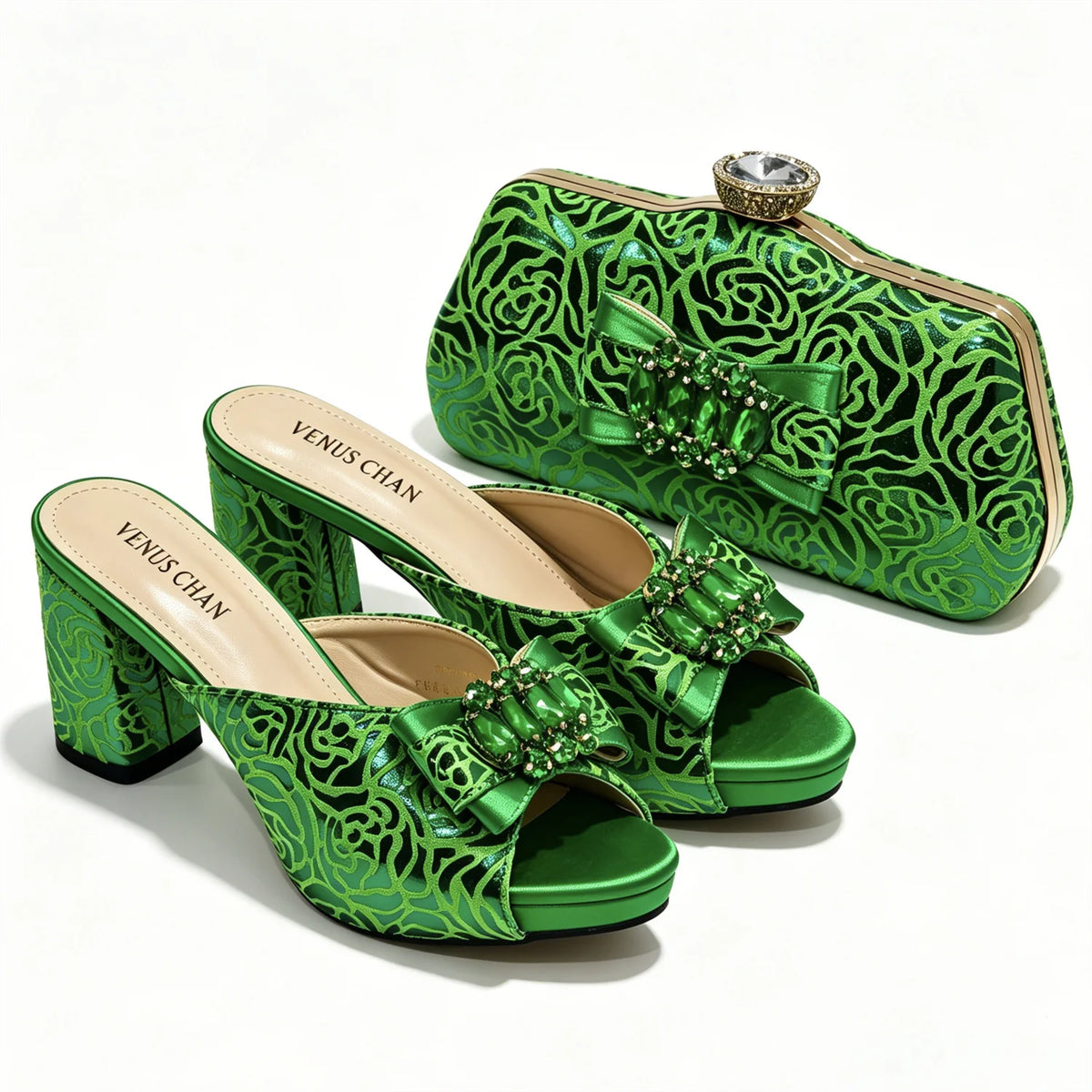 Mules en satin et pochette assortie nœud cristal – vue 10
