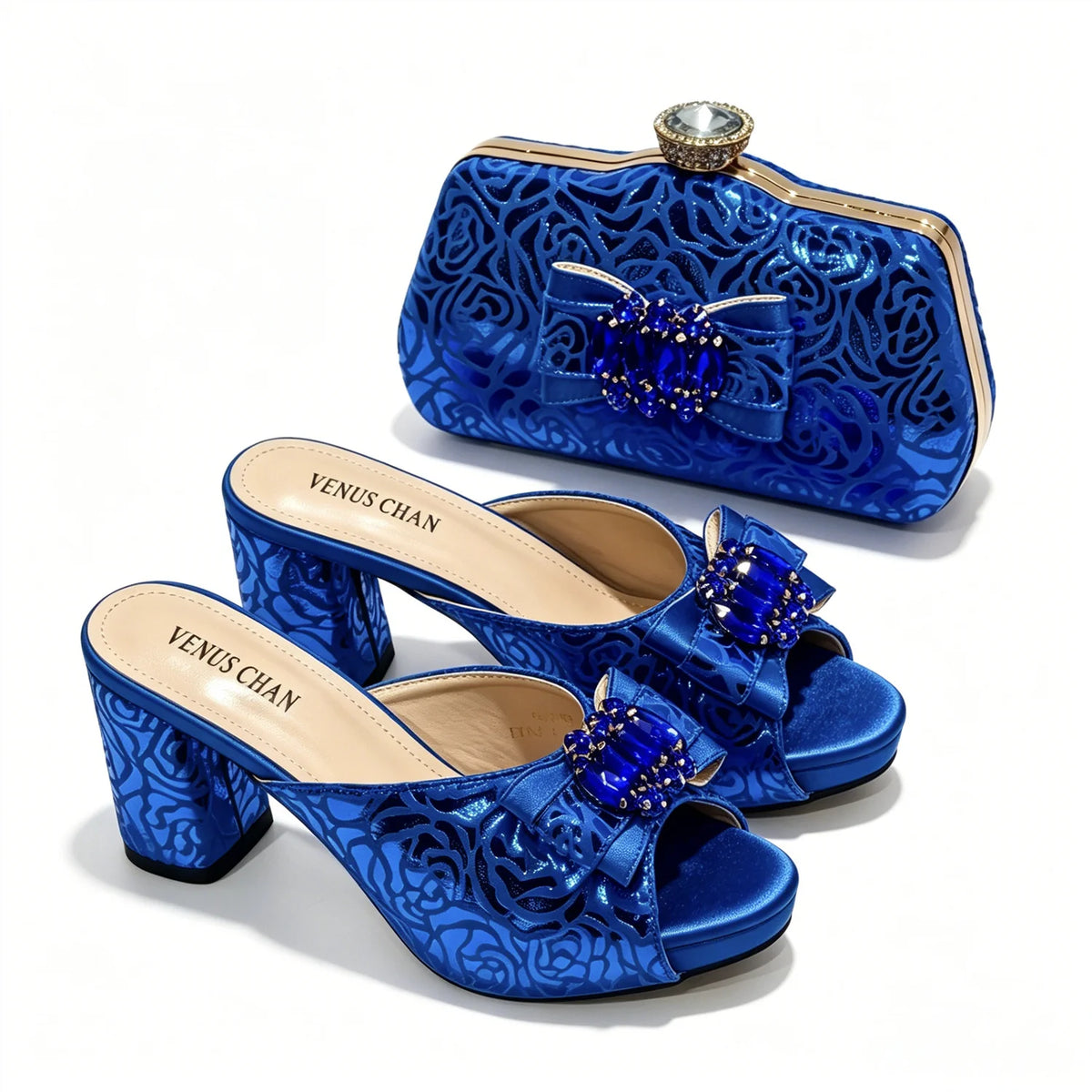 Mules en satin et pochette assortie nœud cristal – vue 9