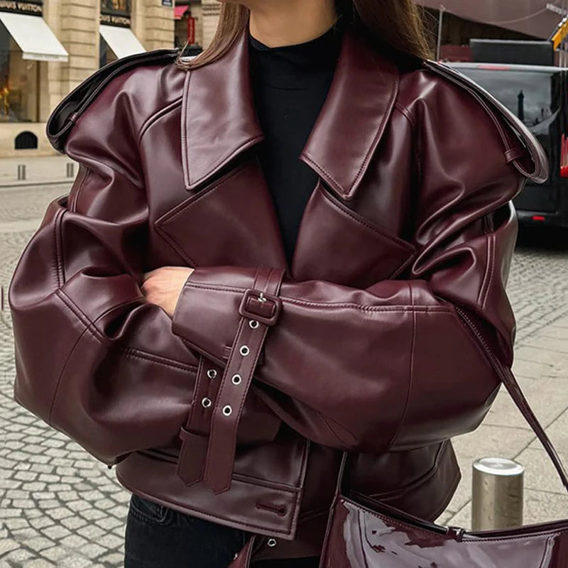 Veste vintage similicuir bordeaux à ceinture – AMINA MODE