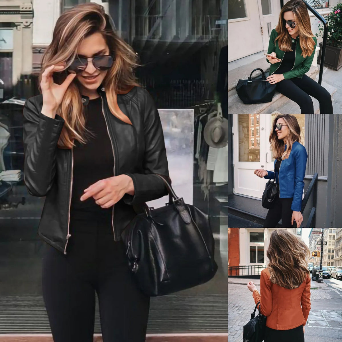 Veste Bomber Vintage en Similicuir Femme – Col Mandarin & Zip, 9 Coloris