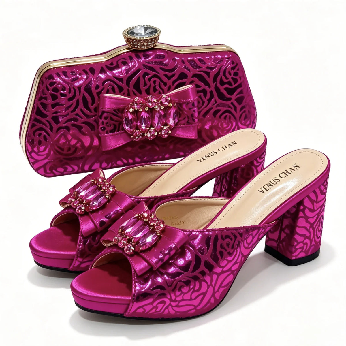 Mules en satin et pochette assortie nœud cristal – vue 8