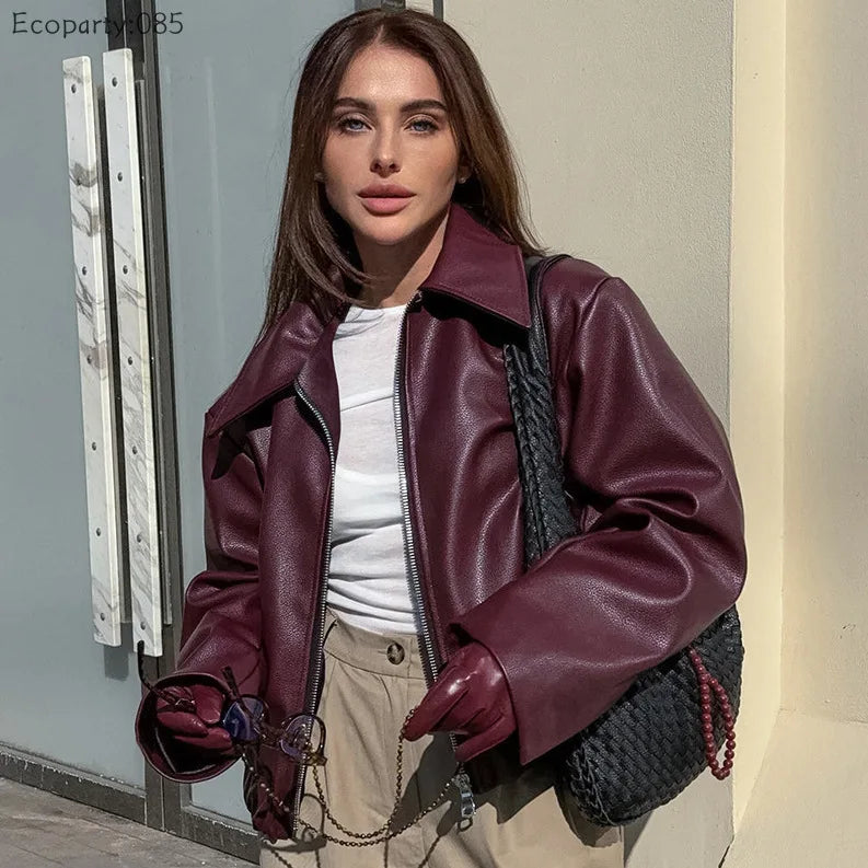 Blouson Motard Court en Similicuir Femme – Coupe Ample, Bordeaux ou Marron