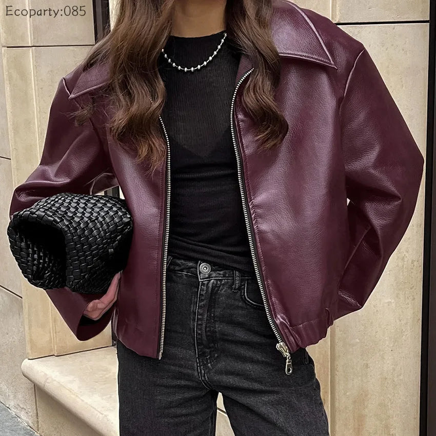 Blouson Motard Court en Similicuir Femme – Coupe Ample, Bordeaux ou Marron