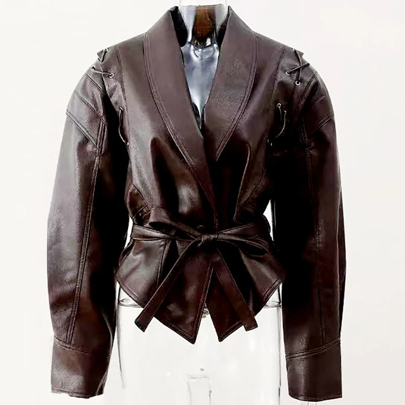Veste vintage similicuir bordeaux à ceinture