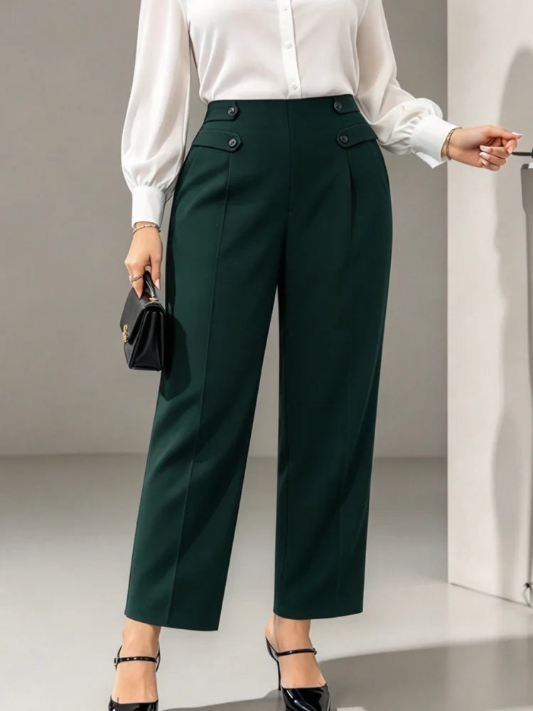 Pantalon Droit Taille Haute Femme Grande Taille – Boutons Décoratifs, 0XL à 5XL