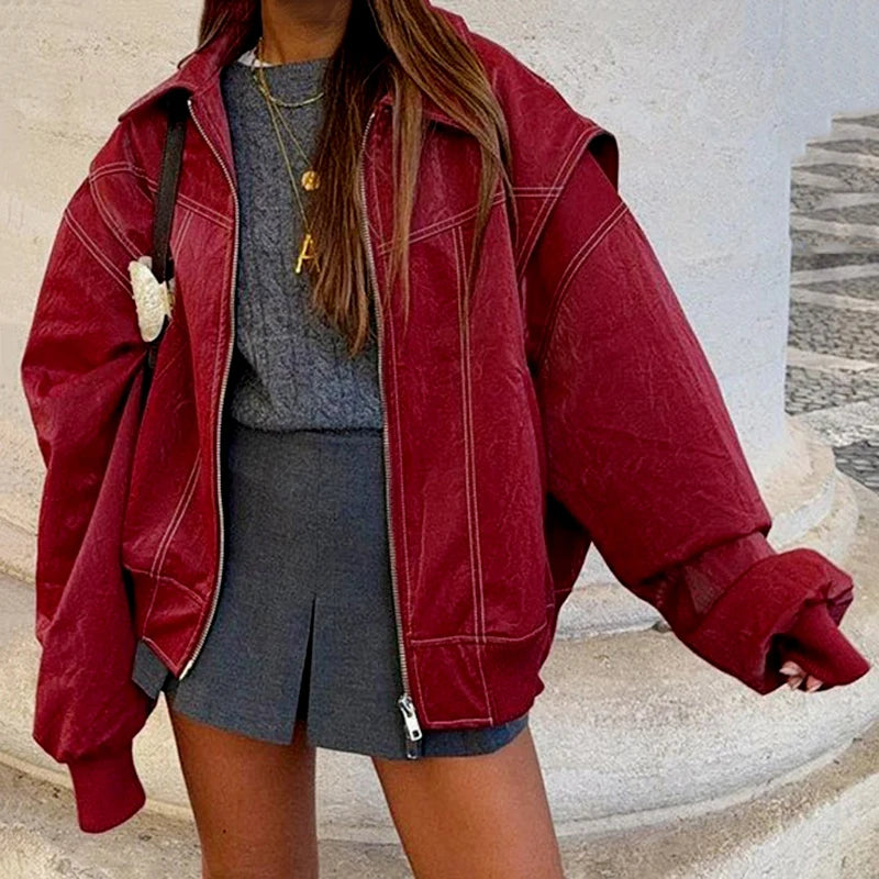 Veste vintage similicuir bordeaux à ceinture