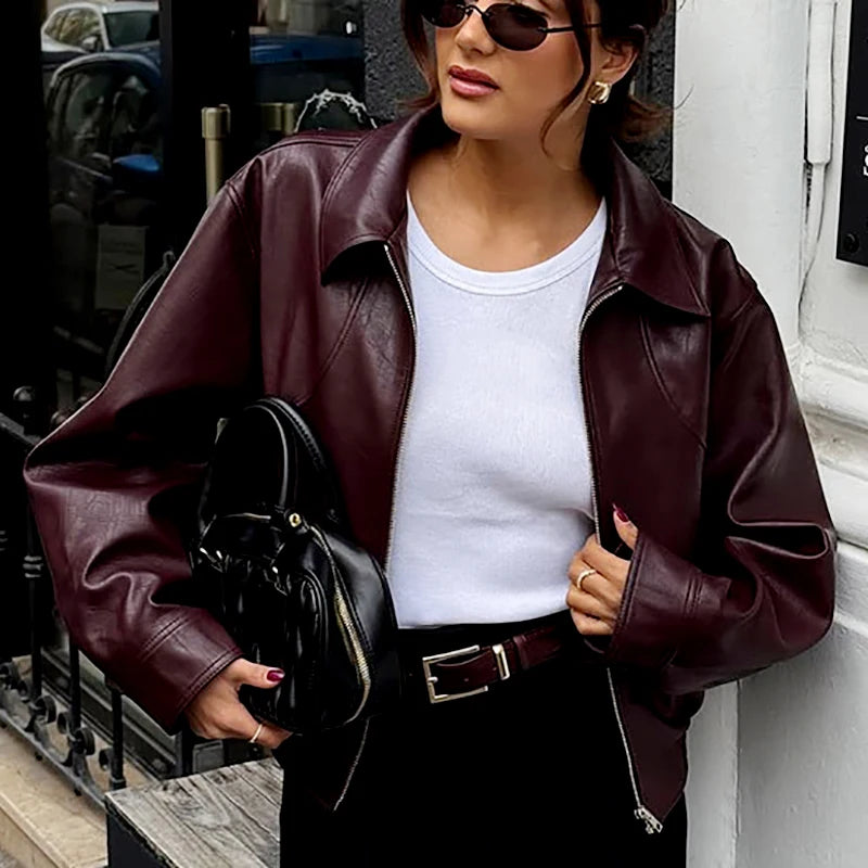 Veste vintage similicuir bordeaux à ceinture