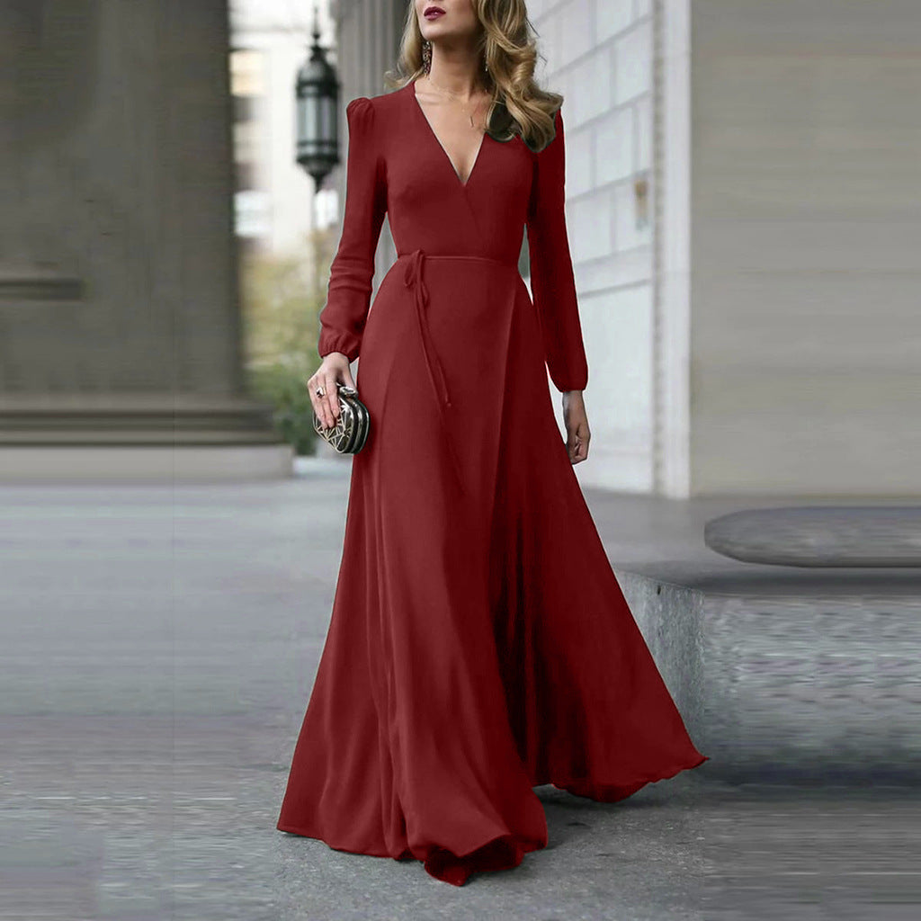 Robe Longue Évasée Col V à Manches Longues – Ceinture à Nouer