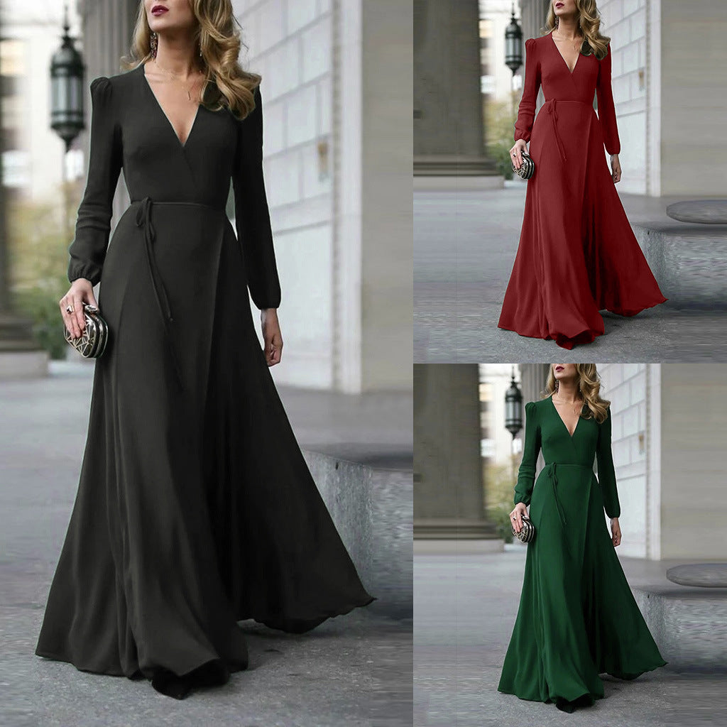 Robe Longue Évasée Col V à Manches Longues – Ceinture à Nouer