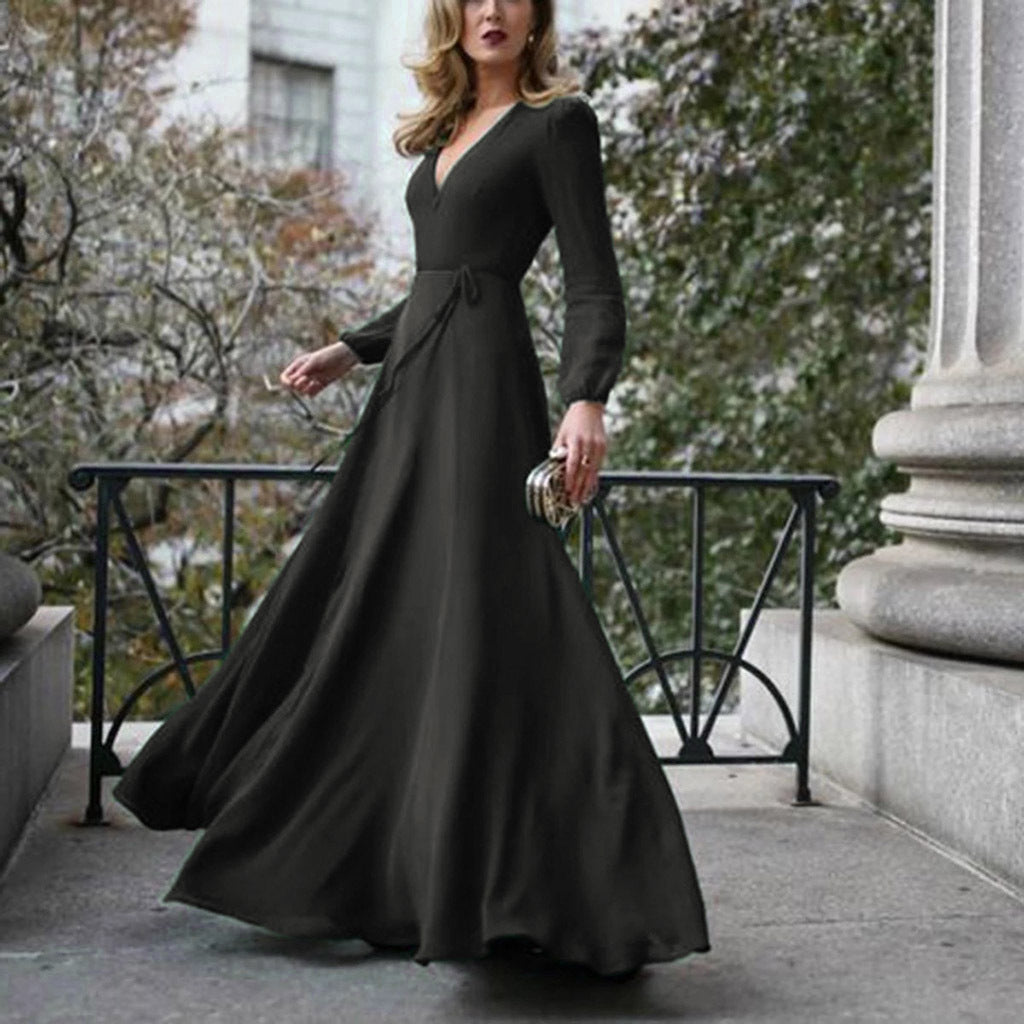 Robe Longue Évasée Col V à Manches Longues – Ceinture à Nouer