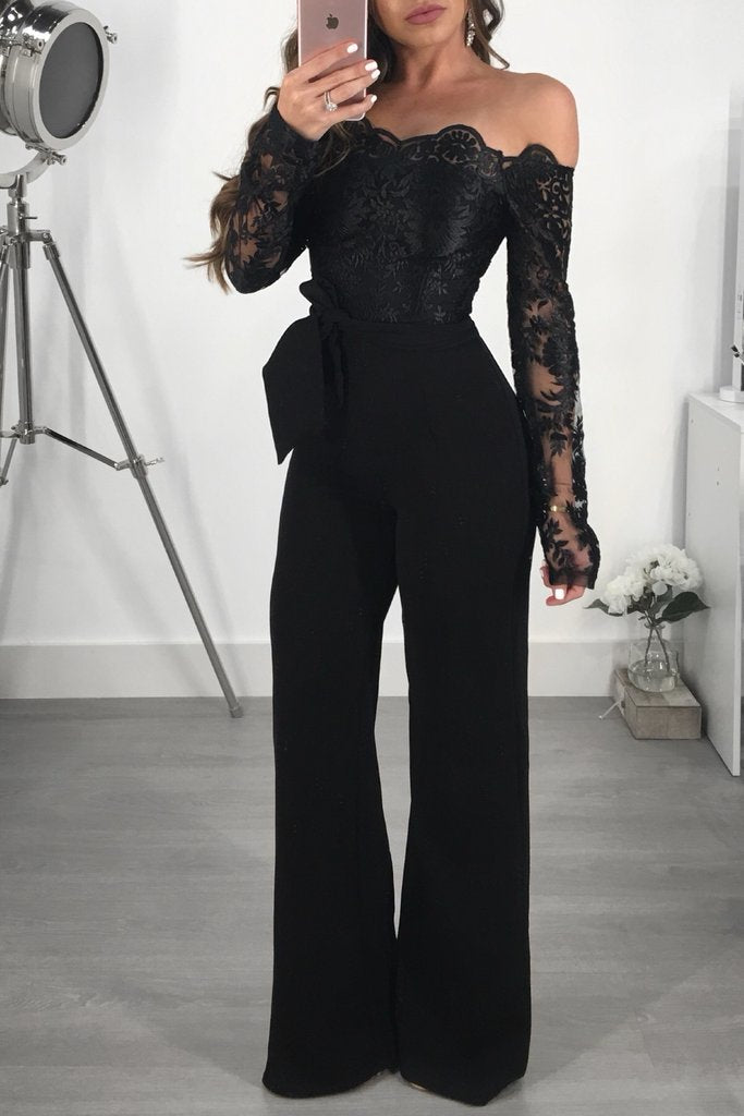 Combinaison Pantalon Large en Dentelle – Col Bateau & Taille Élastique, S à 3XL