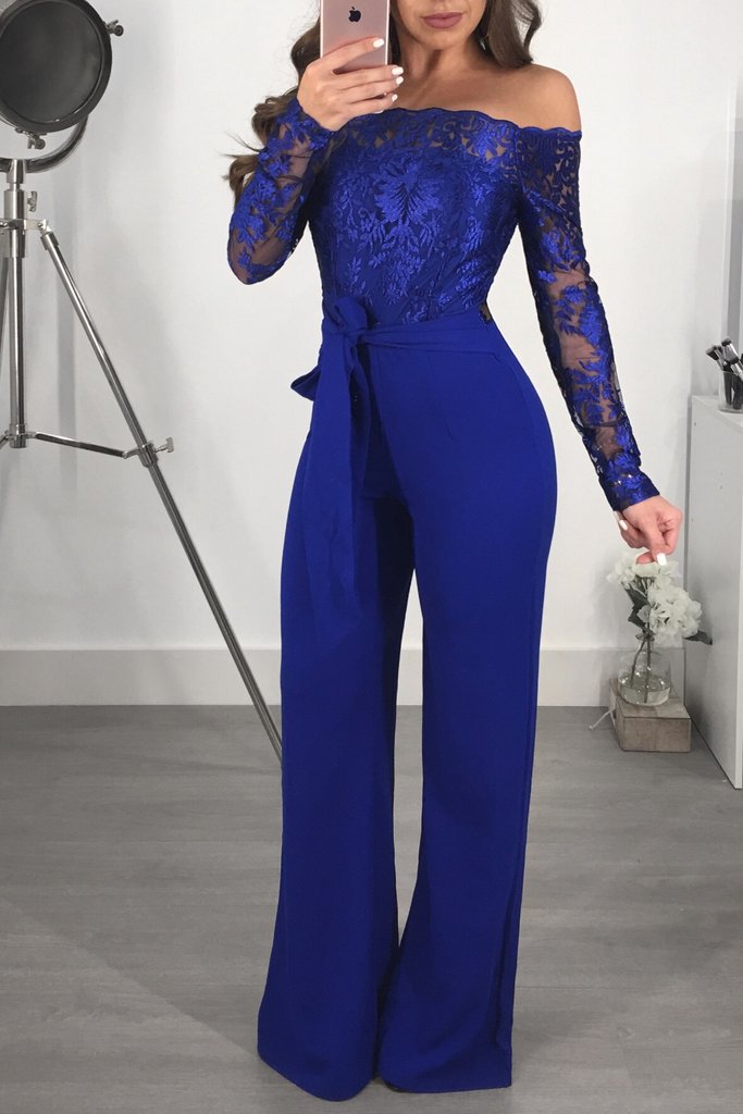 Combinaison Pantalon Large en Dentelle – Col Bateau & Taille Élastique, S à 3XL