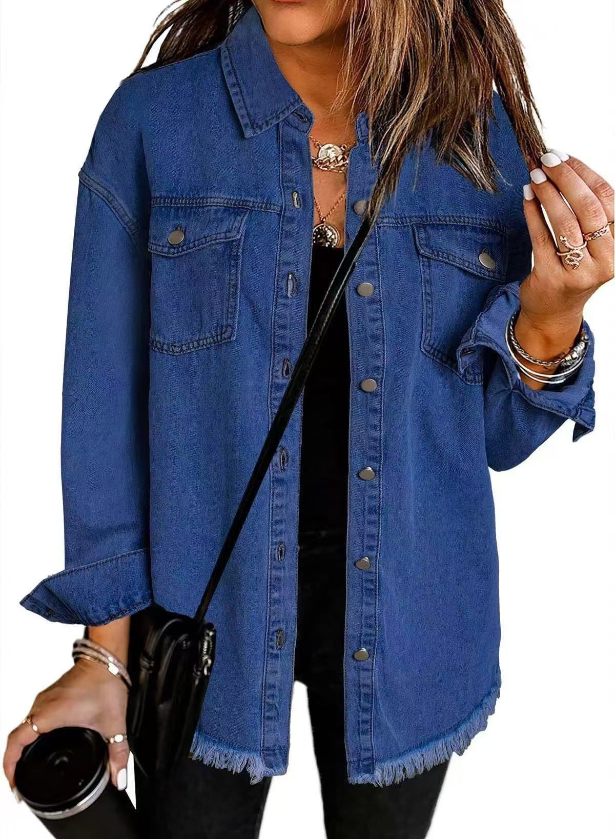 Veste Chemise en Jean Femme – Coupe Ample & Bords Effilochés, 12 Coloris