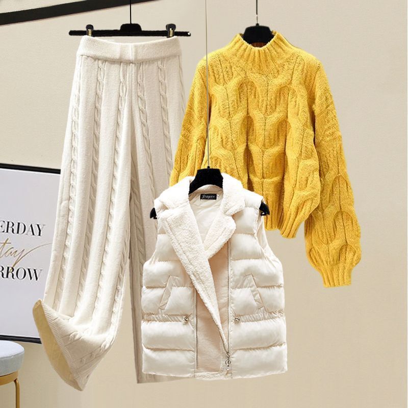 Ensemble 3 Pièces Femme – Gilet Matelassé, Pull & Pantalon en Maille Torsadée