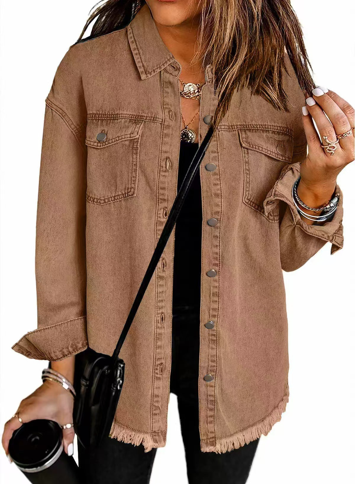Veste Chemise en Jean Femme – Coupe Ample & Bords Effilochés, 12 Coloris