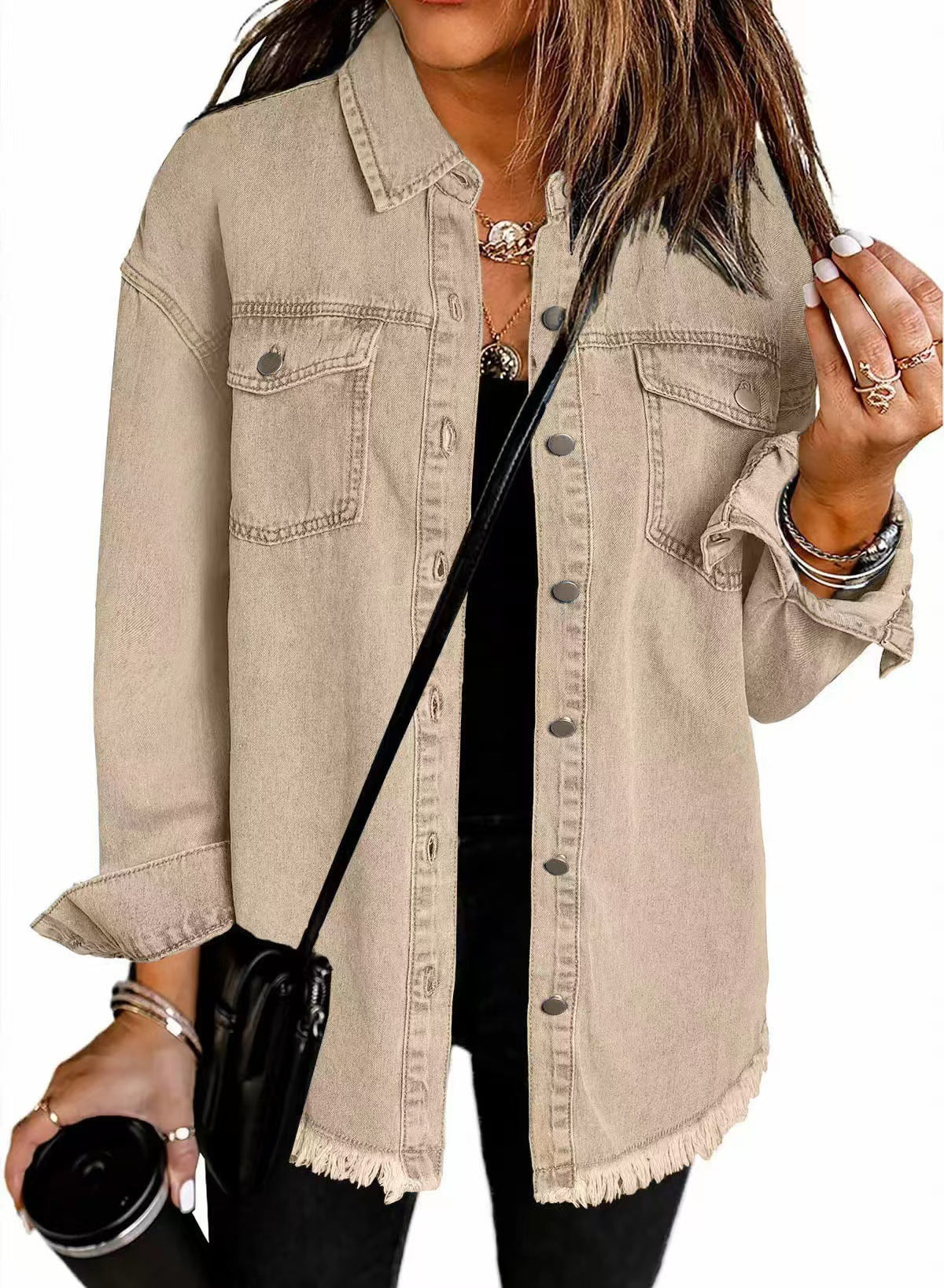 Veste Chemise en Jean Femme – Coupe Ample & Bords Effilochés, 12 Coloris