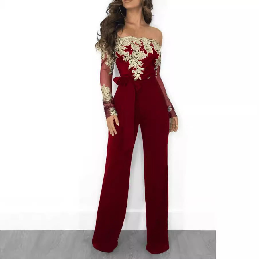 Combinaison Pantalon Large en Dentelle – Col Bateau & Taille Élastique, S à 3XL