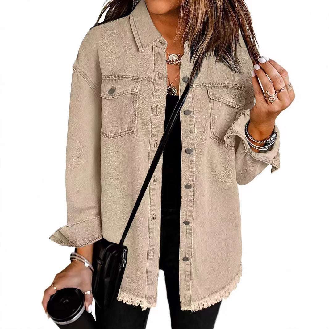 Veste Chemise en Jean Femme – Coupe Ample & Bords Effilochés, 12 Coloris