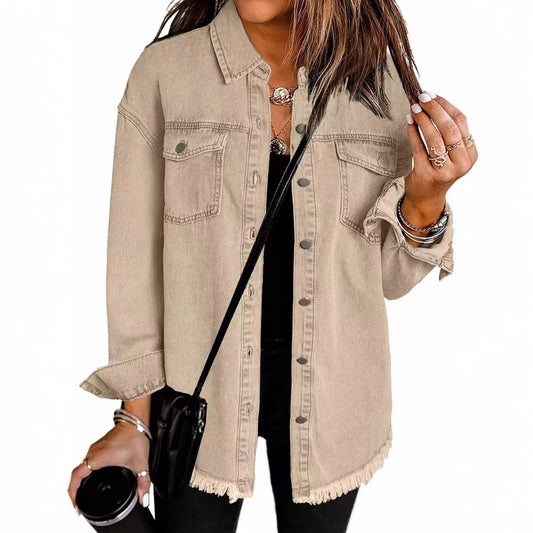 Veste Chemise en Jean Femme – Coupe Ample & Bords Effilochés, 12 Coloris