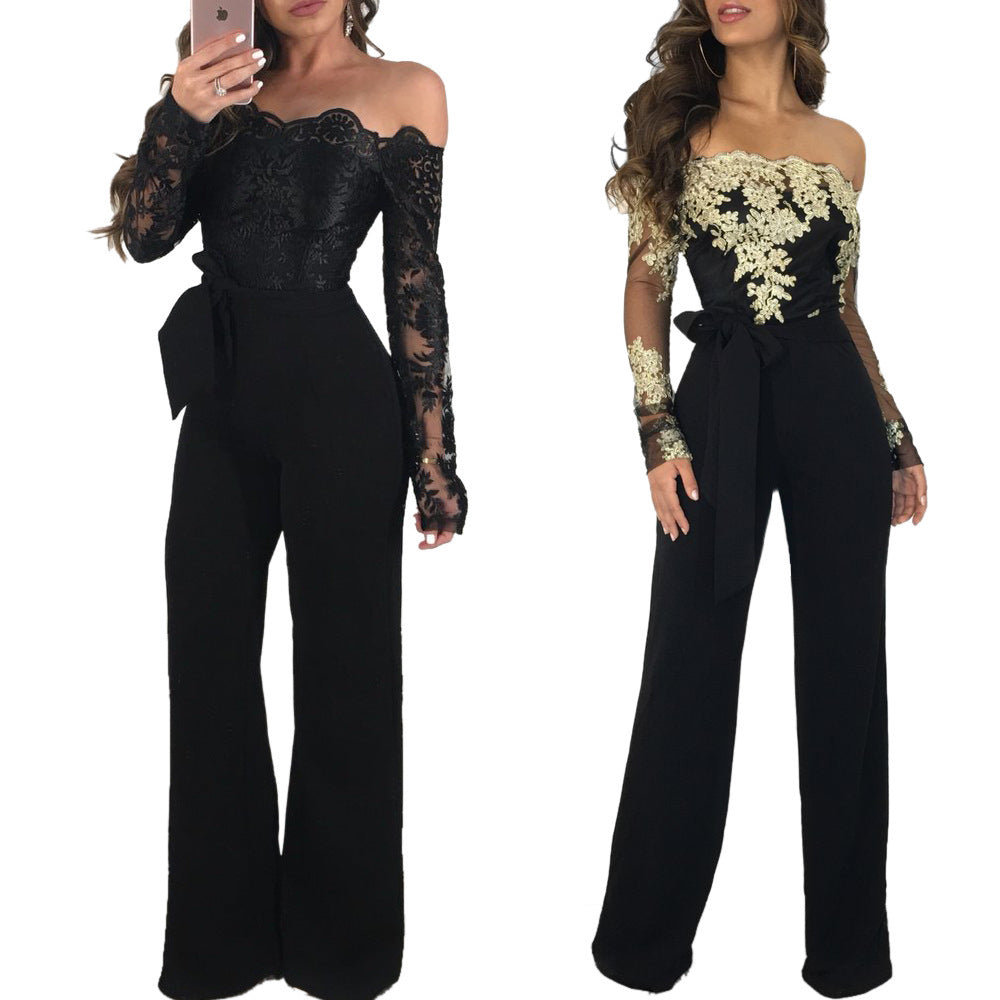 Combinaison Pantalon Large en Dentelle – Col Bateau & Taille Élastique, S à 3XL