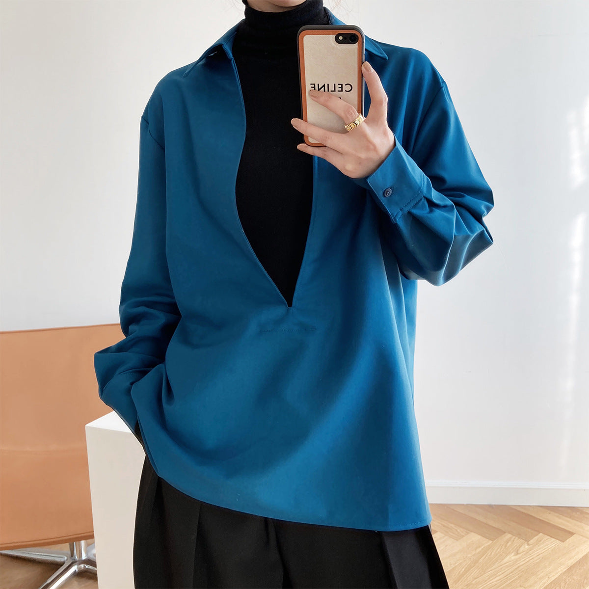 Chemise femme col V manches longues