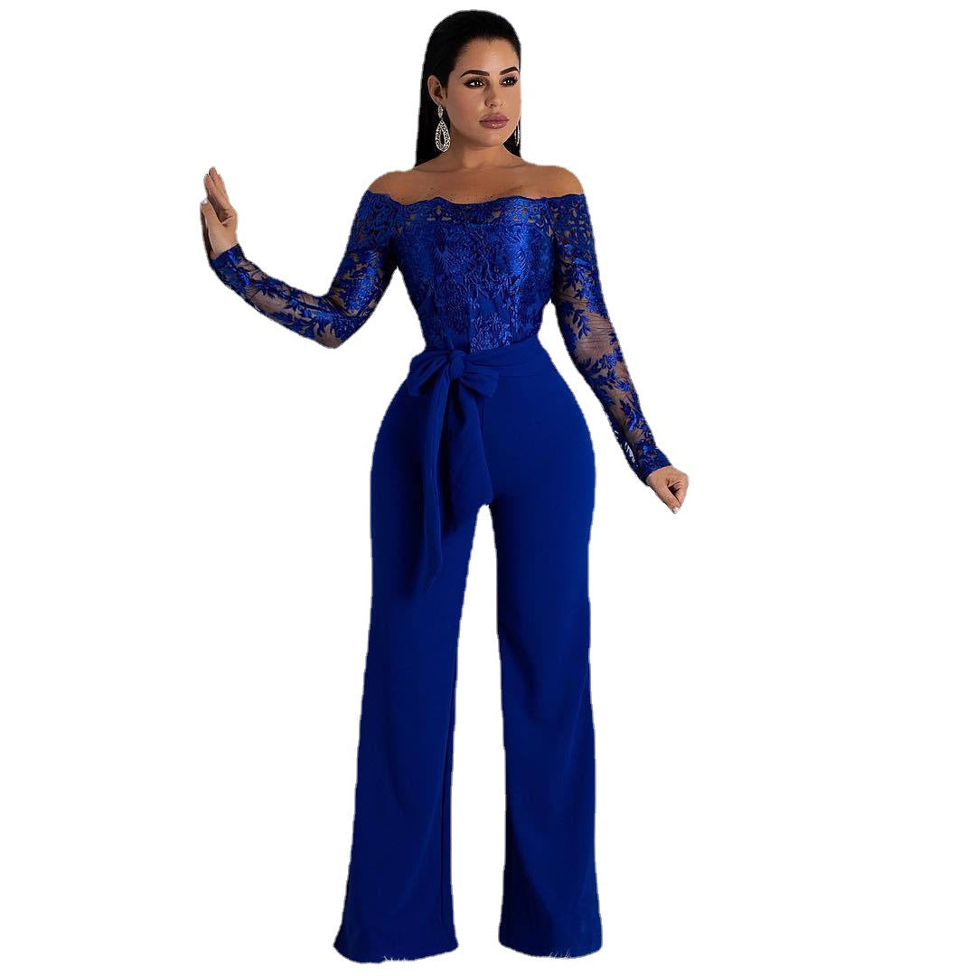Combinaison Pantalon Large en Dentelle – Col Bateau & Taille Élastique, S à 3XL