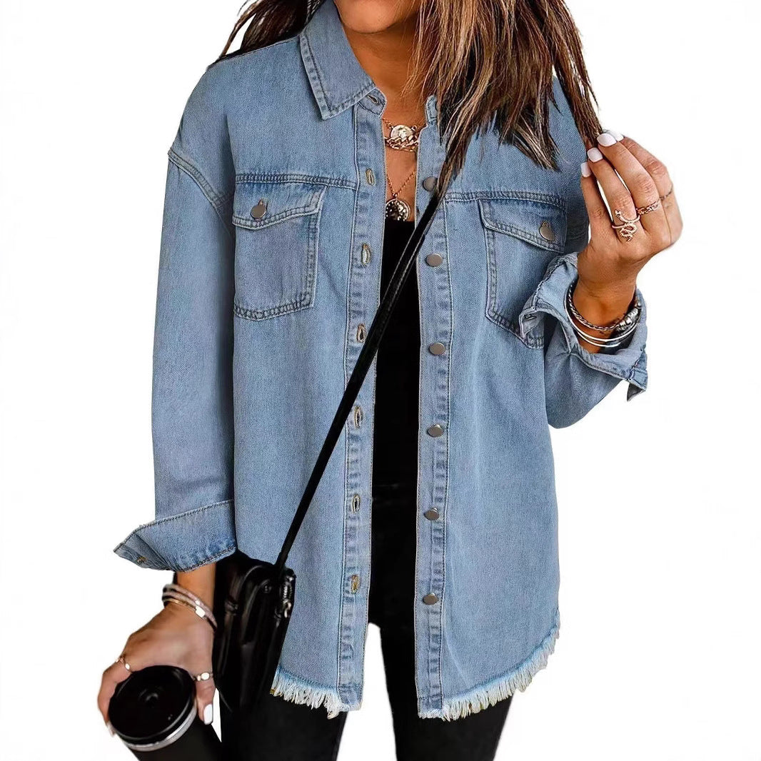 Veste Chemise en Jean Femme – Coupe Ample & Bords Effilochés, 12 Coloris