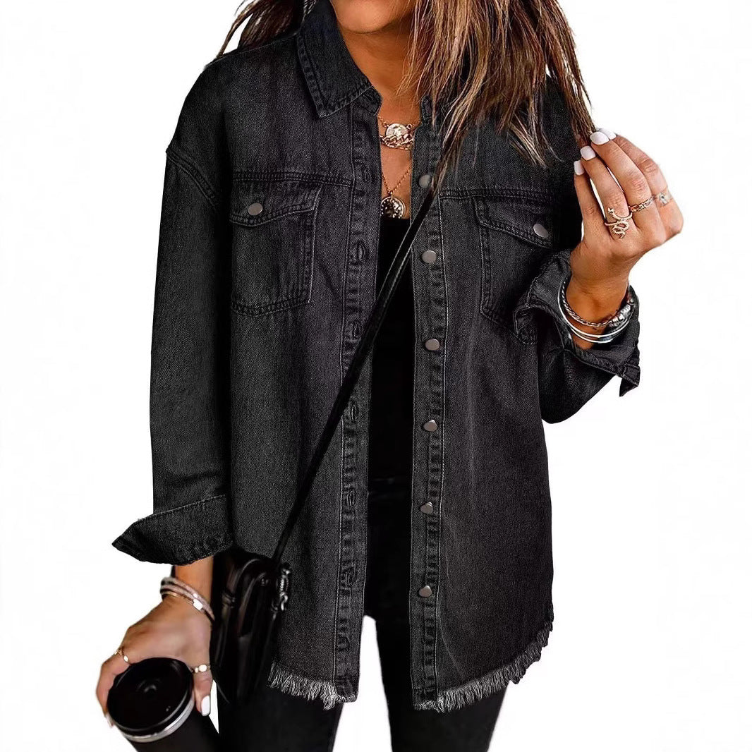 Veste Chemise en Jean Femme – Coupe Ample & Bords Effilochés, 12 Coloris
