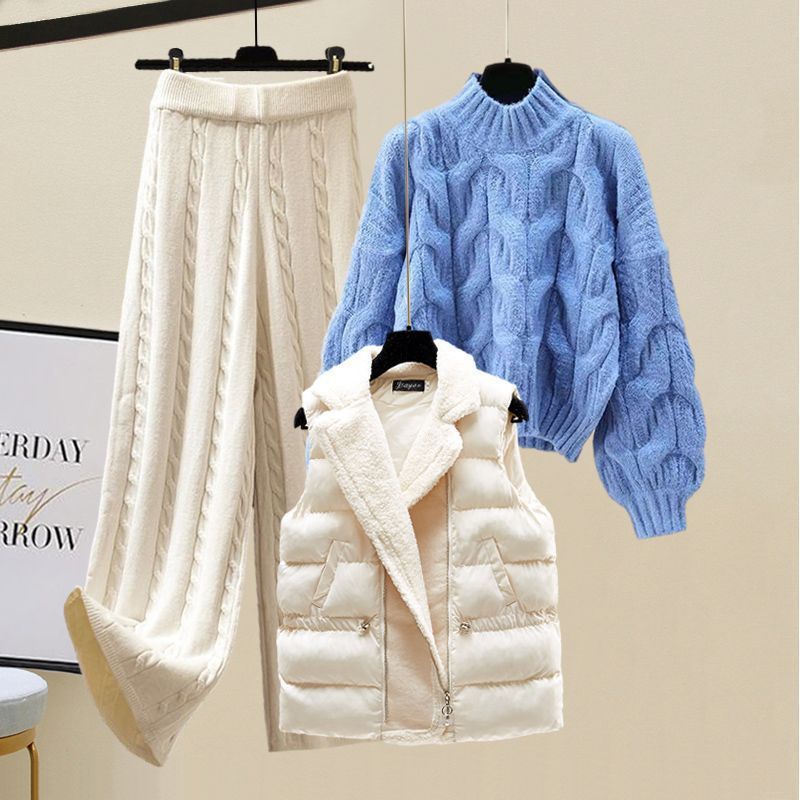 Ensemble 3 Pièces Femme – Gilet Matelassé, Pull & Pantalon en Maille Torsadée
