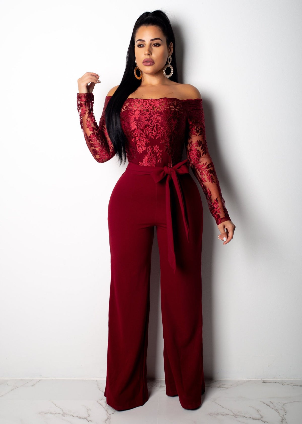 Combinaison Pantalon Large en Dentelle – Col Bateau & Taille Élastique, S à 3XL
