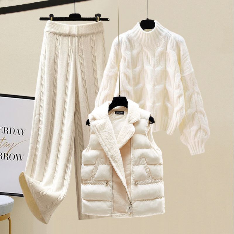 Ensemble 3 Pièces Femme – Gilet Matelassé, Pull & Pantalon en Maille Torsadée