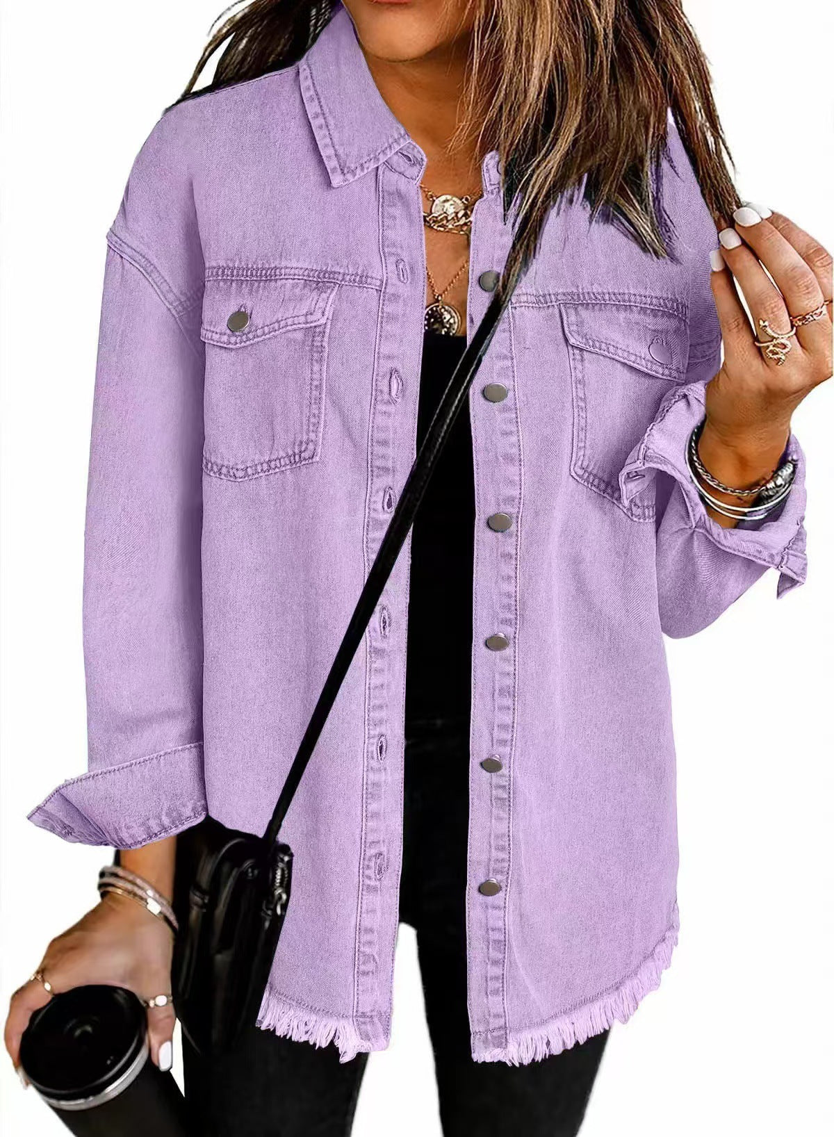 Veste Chemise en Jean Femme – Coupe Ample & Bords Effilochés, 12 Coloris