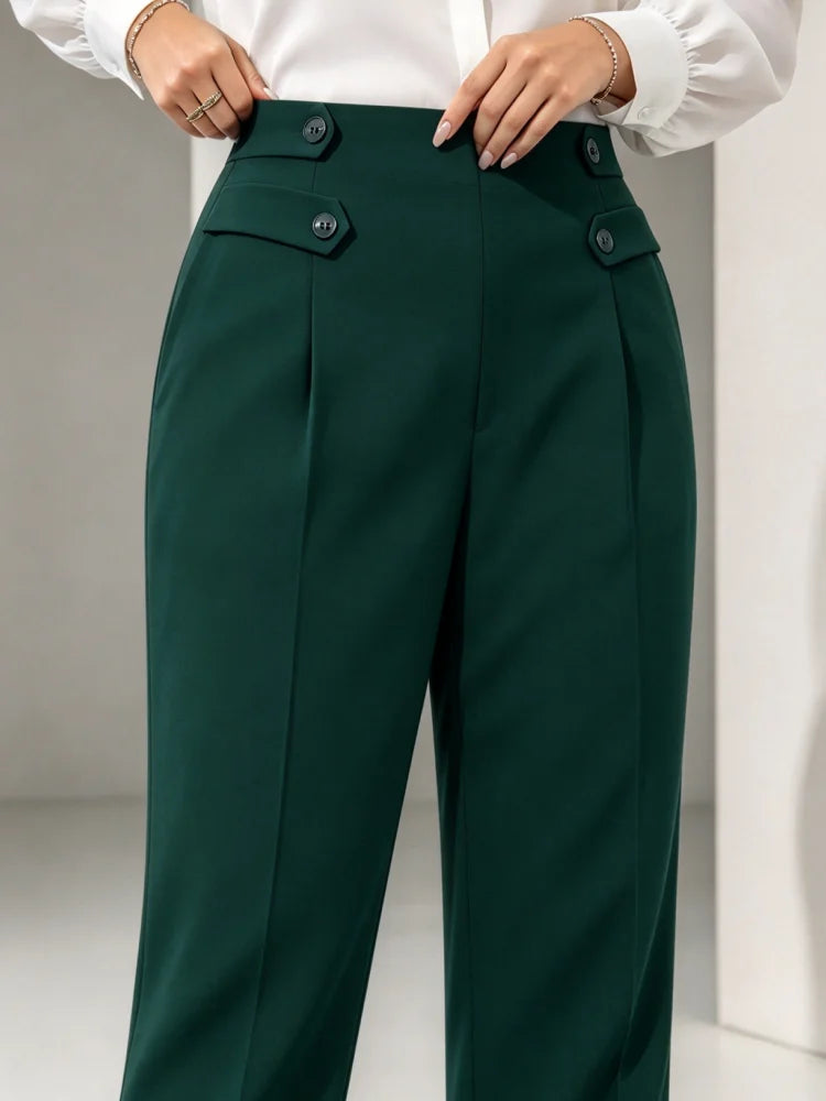 Pantalon Droit Taille Haute Femme Grande Taille – Boutons Décoratifs, 0XL à 5XL