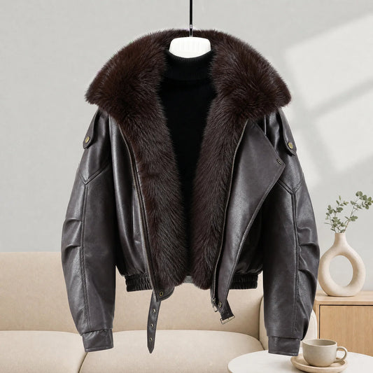 Parka d’hiver femme effet cuir col fourrure – AMINA MODE