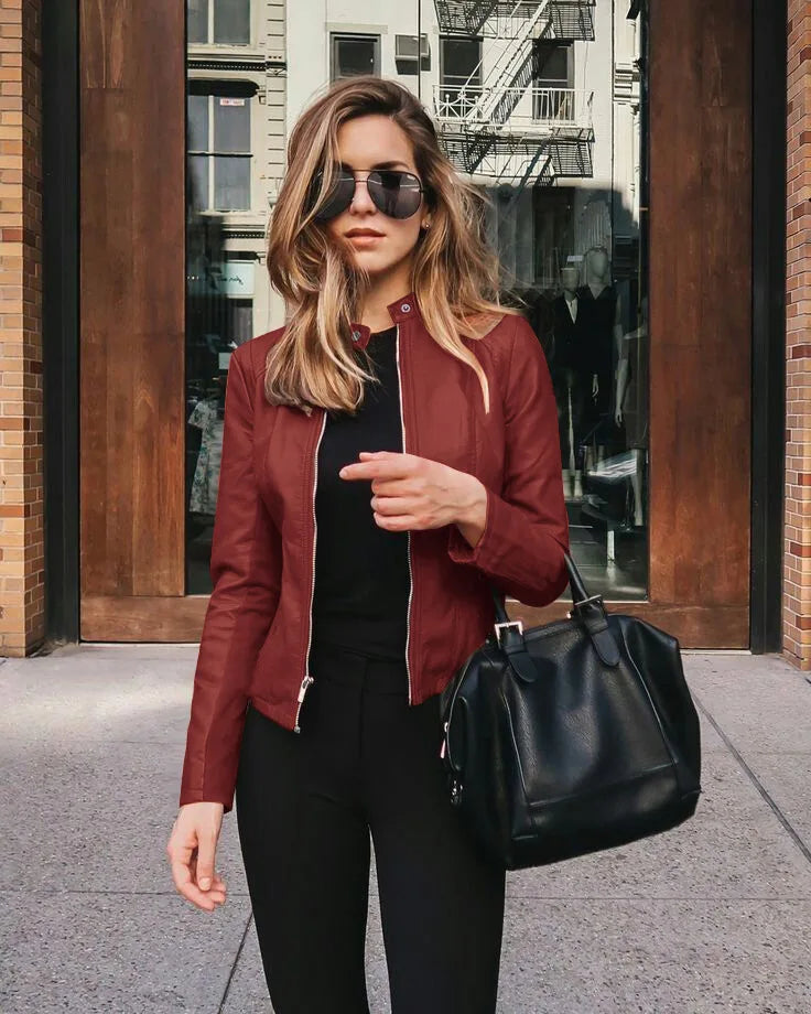 Veste Bomber Vintage en Similicuir Femme – Col Mandarin & Zip, 9 Coloris