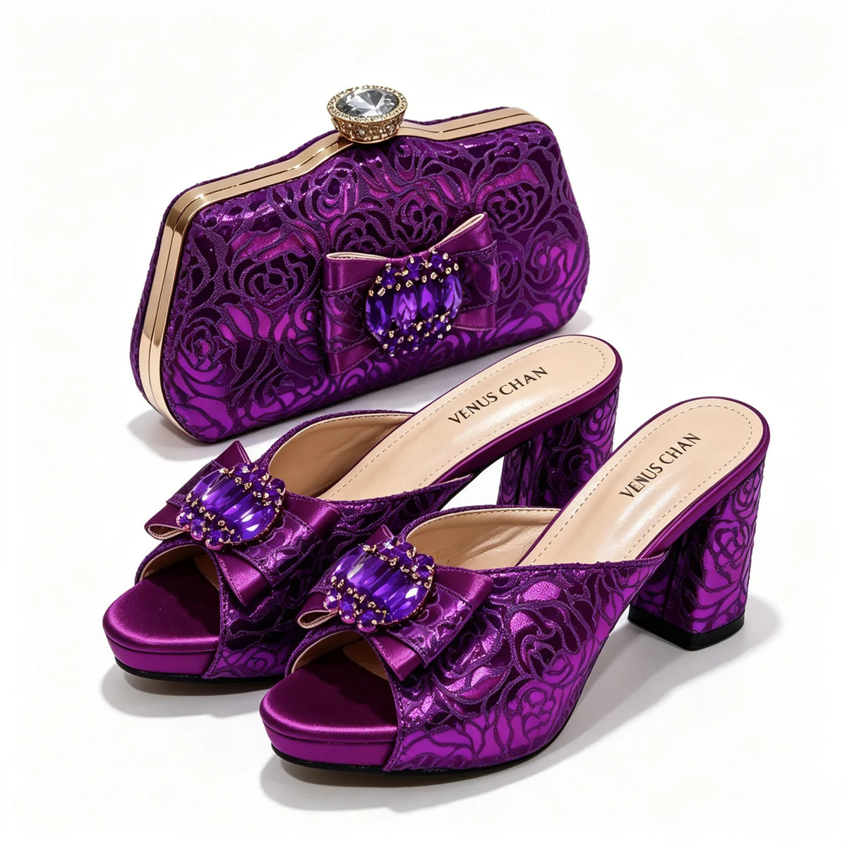 Mules en satin et pochette assortie nœud cristal – vue 7