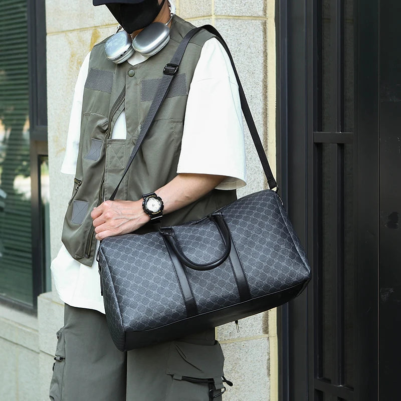 Sac de Voyage Noir à Motif Géométrique – Grande Capacité